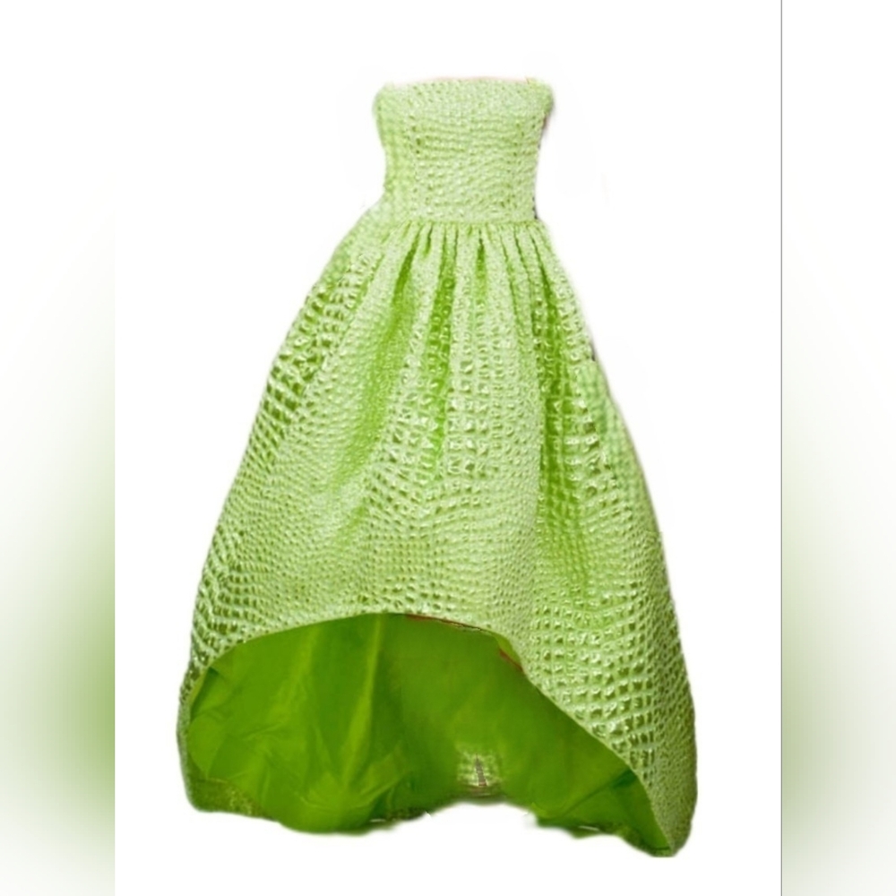 $7,000 OSCAR DE LA RENTA LIGHT GREEN HI LOW STRAPLESS TRAIN SILK GOWN US L - Picture 3 of 16